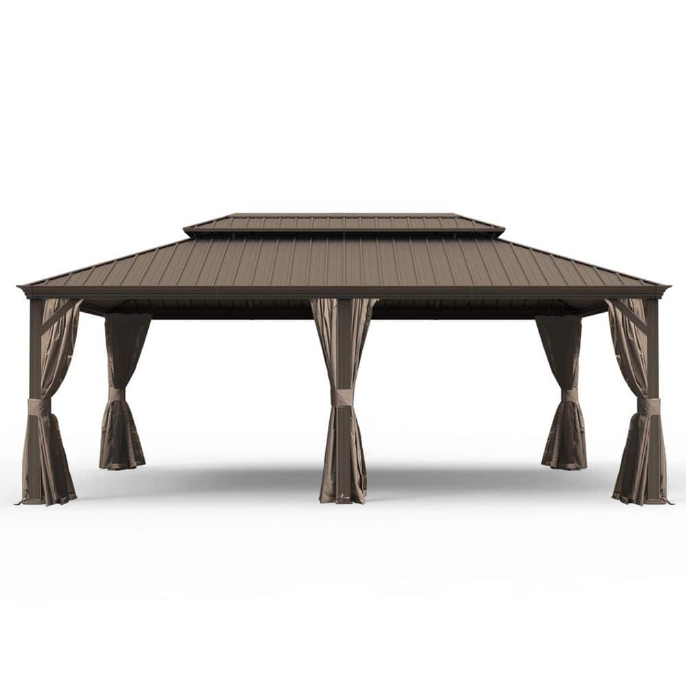 14 ft. x 24 ft. Brown Metal Galvanized Steel Roof Hardtop Gazebo with Curtains and Netting price history on PriceWatchPro