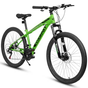 26 in. Wheels Mountain Bike Carbon Steel Frame Disc Brakes Thumb Shifter Front Fork Bicycles, Green