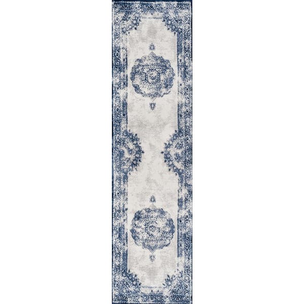 Rosalia Cottage Medallion Ivory/Navy 2 ft. x 10 ft. Runner Rug