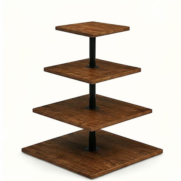 4-Tier Dark Brown Wooden Cupcake Stand for 50 Cupcakes with Square Shelves and Metal Center Tube