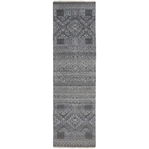 2 ft. x 8 ft. Gray and Ivory and Blue Geometric Area Rug