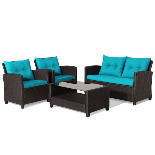 Clihome 4-Piece Wicker Patio Conversation Set Rattan Furniture Set with Turquoise Cushions and Tempered Glass Coffee Table