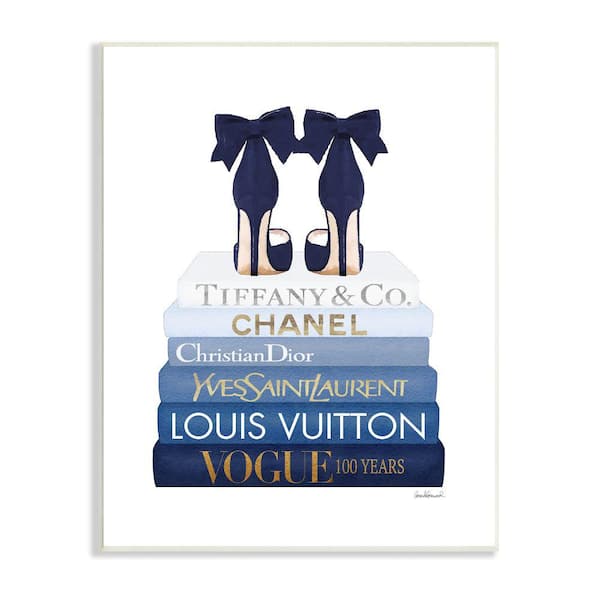Navy Blue Bow Heels Chic Glam Bookstack By Amanda Greenwood Unframed Print Abstract Wall Art 13 in. x 19 in.
