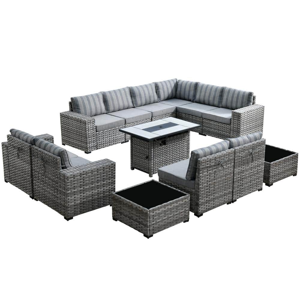 Marlton 13-Piece Gray Wicker Outdoor Sofa Set with Fire Pit