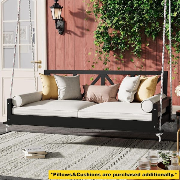 Twin Size Swing Bed 2-Person Black Acacia Wood Porch Swing Hanging Bed Frame with Ropes for Gardens,