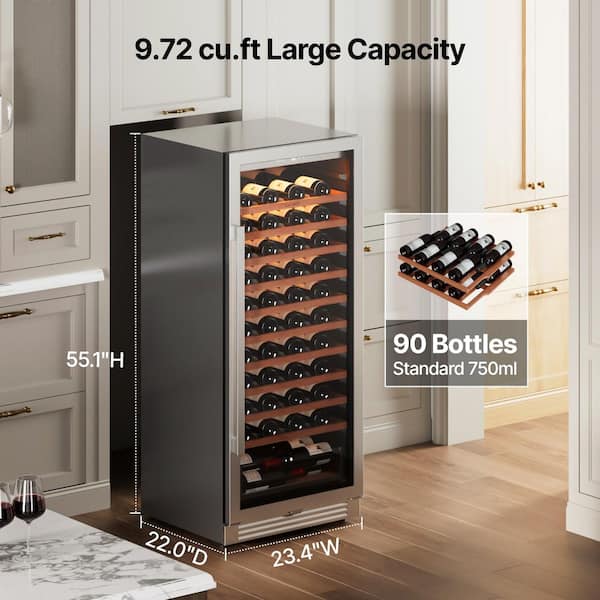 24 in. Single Zone 90-Bottle Built-in Wine Cooler Fridge Wine Refrigerator in Stainless Steel