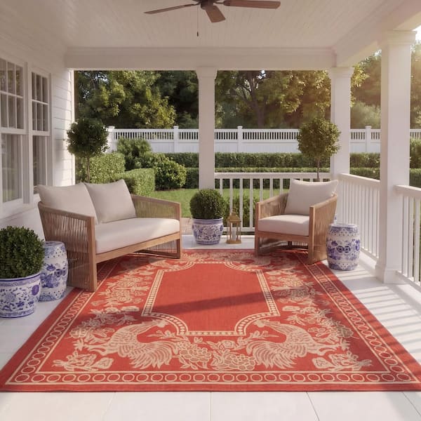 Courtyard Red/Natural 8 ft. x 11 ft. Border Indoor/Outdoor Patio  Area Rug