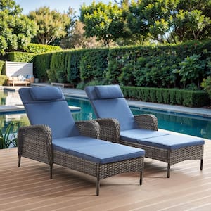 Gray Wicker Outdoor Folding Chaise Lounge Chair Fully Flat for Patio with CushionGuard Blue Seat Back Cushion