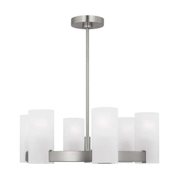 SCOTT LIVING Rhode 6-Light Brushed Steel Medium Chandelier with Etched Glass Shades and No Bulbs Included