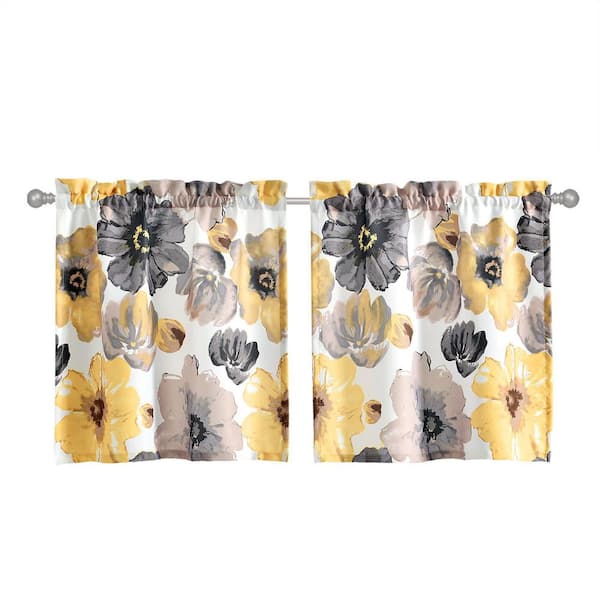 HOMEBOUTIQUE Leah Yellow-Gray Polyester 29 in. W x 24 in. L Indoor Kitchen Tiers Light Filtering Curtain (Double Panel)