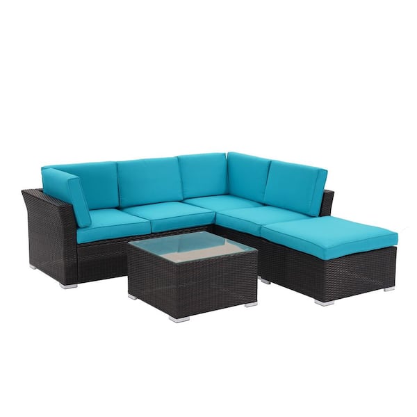 Unbranded 4-pieces PE Wicker Outdoor Sectional with Light Blue Cushions