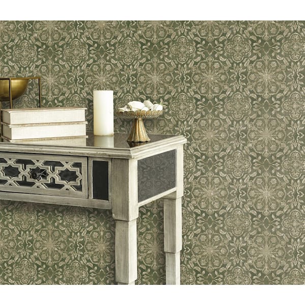 Elegance Collection Olive Green Floral Stripe Shimmer Finish Non-Pasted Non-Woven Wallpaper Roll