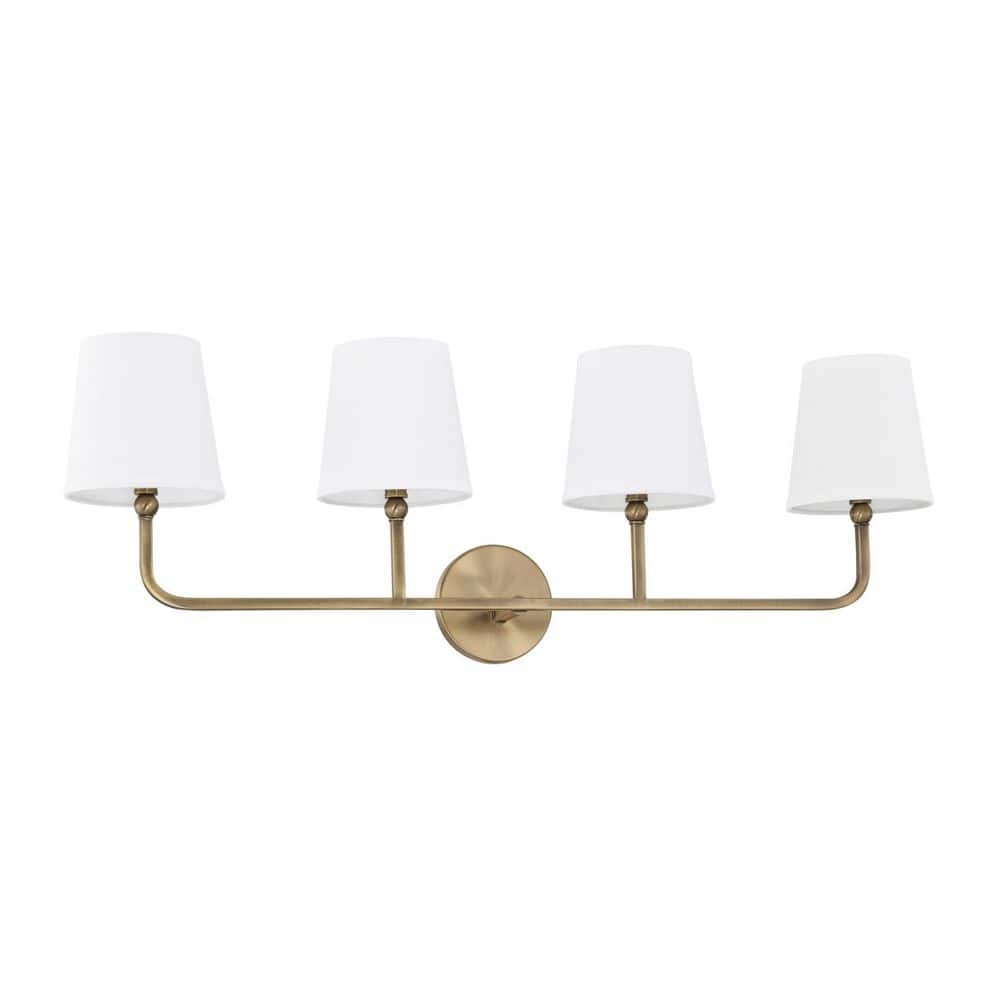 Dawson 35 in. W x 12 in. H x 7 in. E 4-Light Aged Brass Vanity Light with White Fabric Shades price history on PriceWatchPro