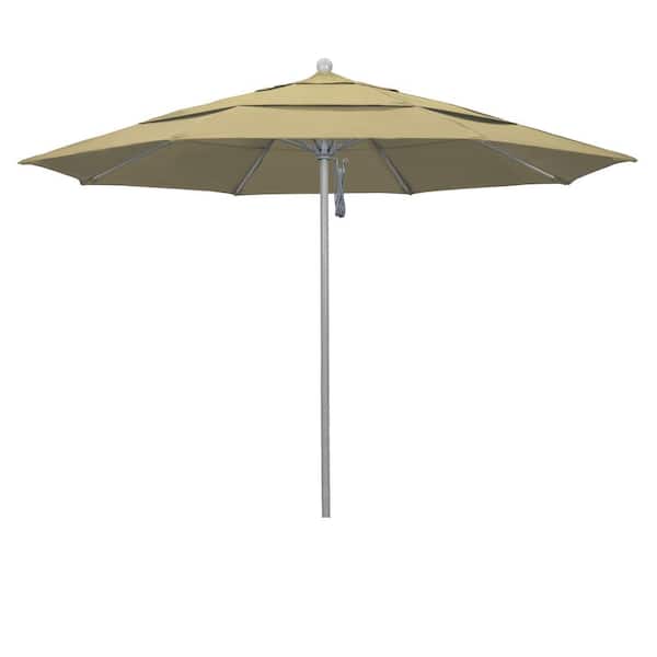 California Umbrella 11 ft. Gray Woodgrain Aluminum Commercial Market Patio Umbrella Fiberglass Ribs and Pulley Lift in Champagne Olefin