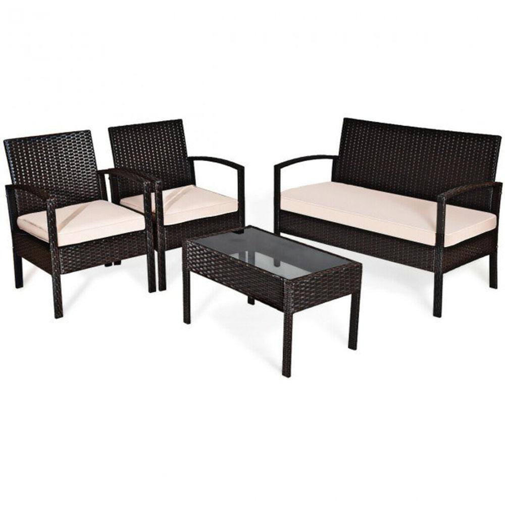 Cisvio 4-piece dark brown rattan patio furniture set with beige cushions