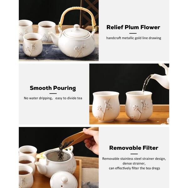 Wudkey 4-Cup White Porcelain Tea Set with 1-Teapot Set, 6-Tea Cups