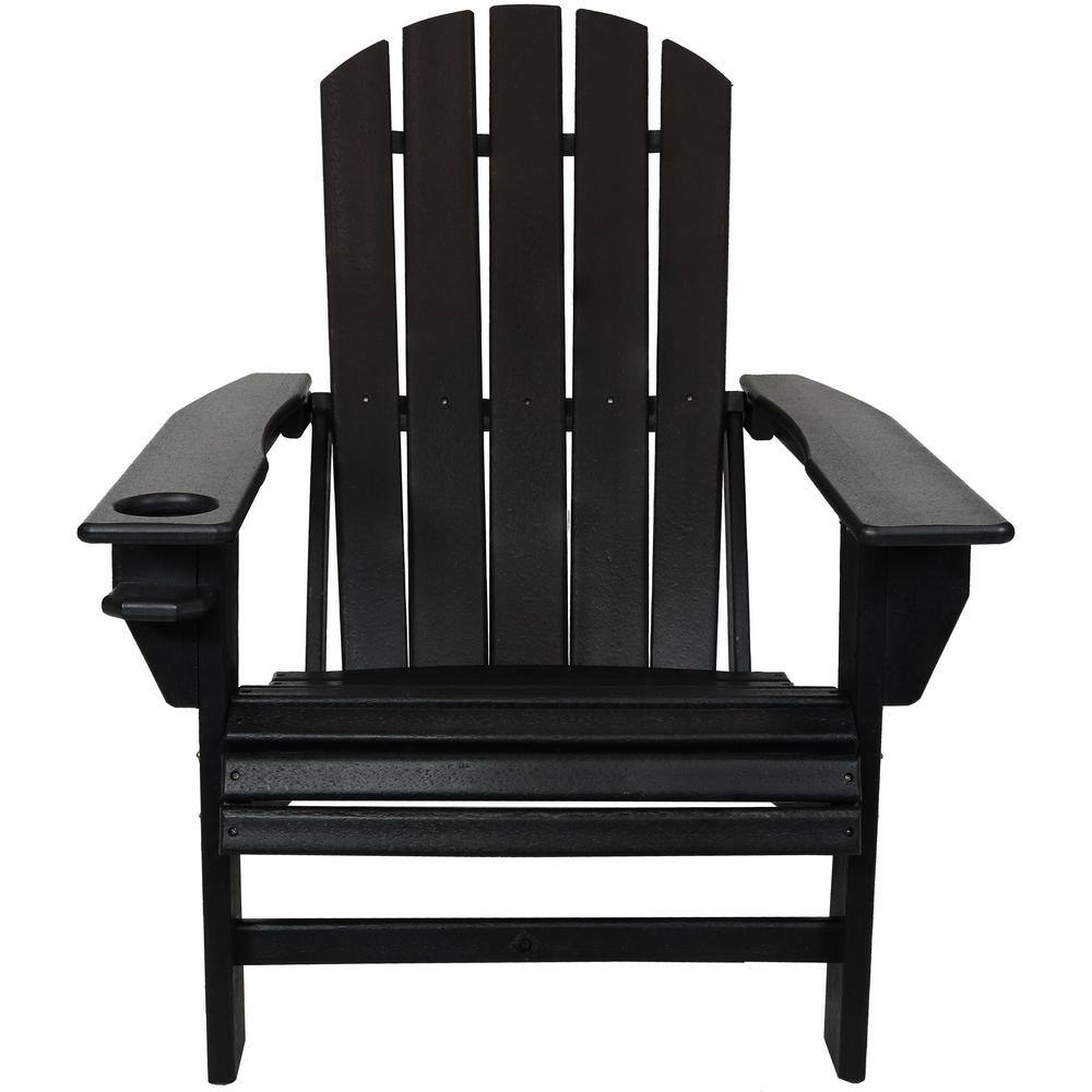 Black HDPE Outdoor Adirondack Chair with Cup Holder