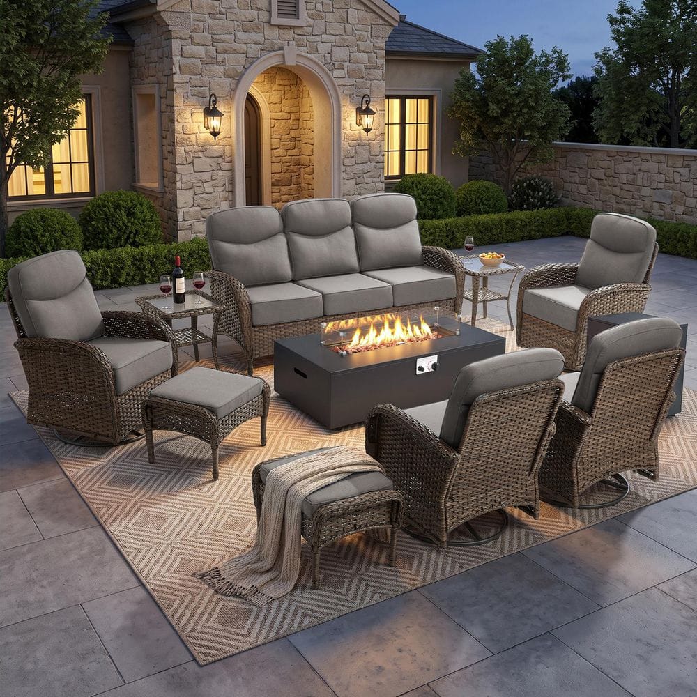 Goyal Brown 10-Piece Wicker Patio Fire Pit Conversation Sofa Set Outdoor Swivel Glider Chairs with 6 in. Gray Cushions price history on PriceWatchPro