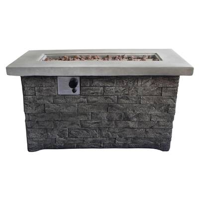 Gray Rectangular Stone Gas Fire Pit Table with Brick Look Base and Lava Rocks
