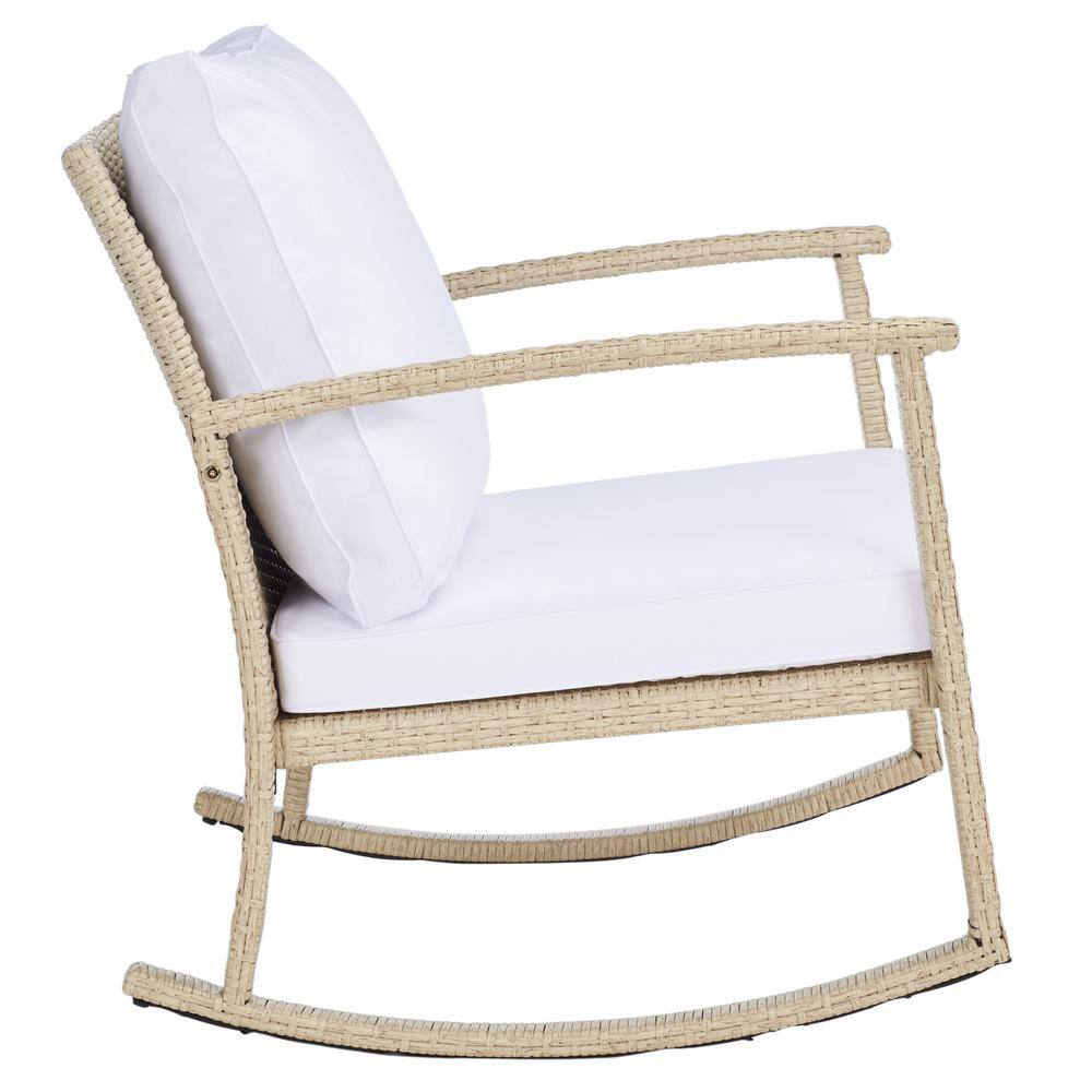 Beige and White Rattan Rocking Chair with Cushions