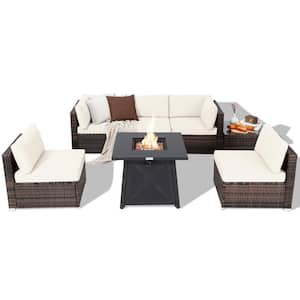 7-Pieces Rattan Patio Sectional Furniture Set 30 in. Fire Pit Table Off White Cushion