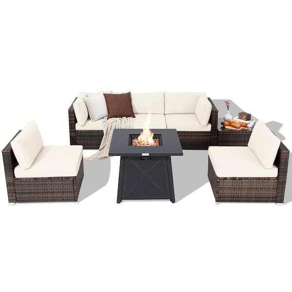 Gymax 7-Pieces Rattan Patio Sectional Furniture Set 30 in. Fire Pit Table Off White Cushion