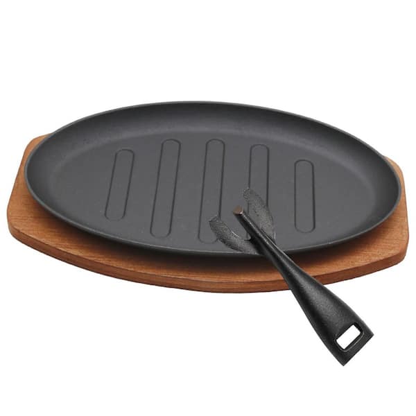 Round Cast Iron Steak Plate with Wooden Base, Sizzle Griddle Grill Pan, Black Finish, Household Restaurant Use