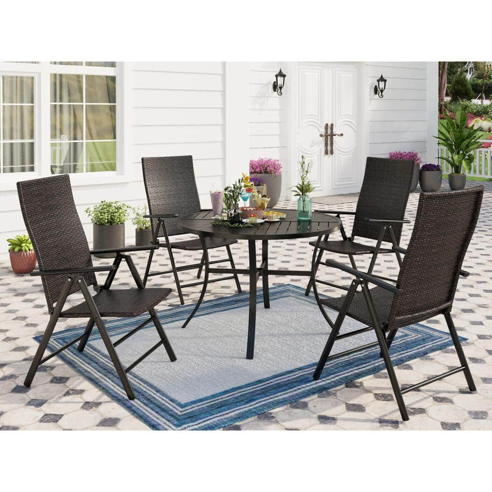 5-Piece Rattan Patio Outdoor Dining Set with Round Table and Adjustable Foldable Chairs -  PHI VILLA, THD5-409029