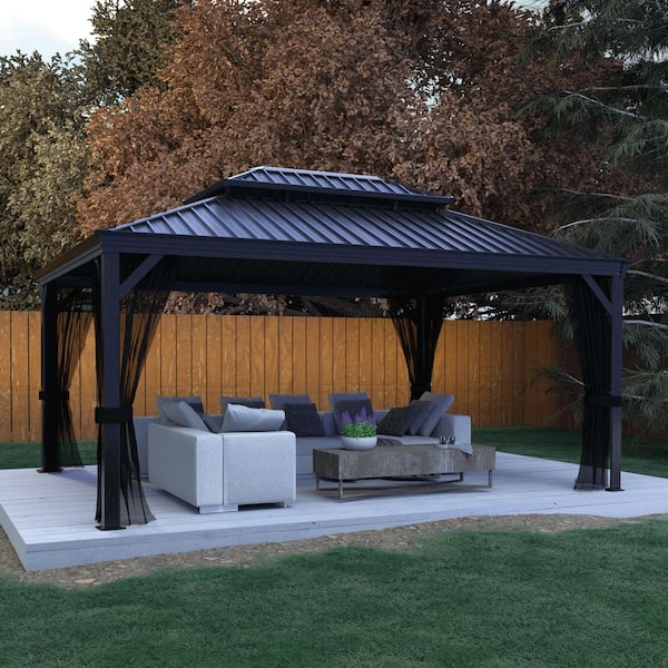 12 ft. x 16 ft. Aluminum Hardtop Gazebo with Galvanized Double Roof and Textilene Netting