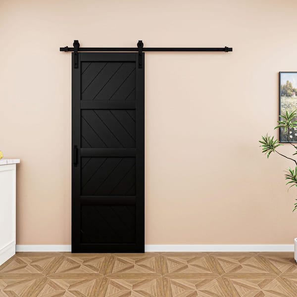 30 in. x 84 in. Black Finished 4-Lite Wave Pattern Style MDF Sliding Barn Door with Hardware Kit