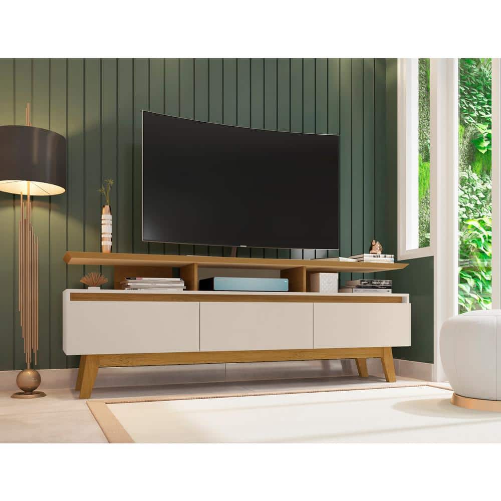 Mid-Century Modern Off White and Cinnamon TV Stand with Storage