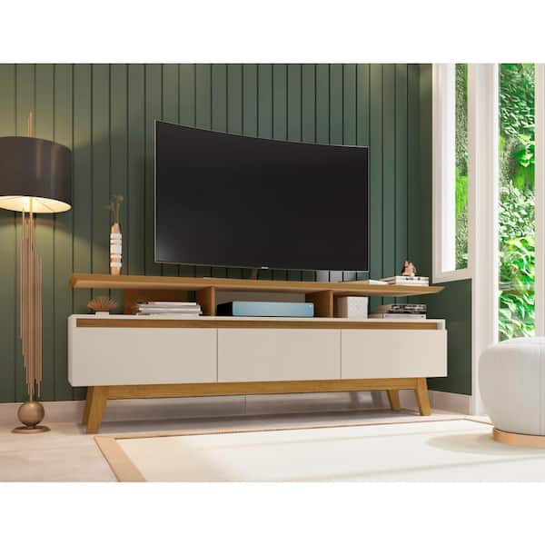 Manhattan Comfort Yonkers 70.86 in. Off White and Cinnamon TV Stand Fits TV's up to 65 in. with Storage Shelves and Cable Management