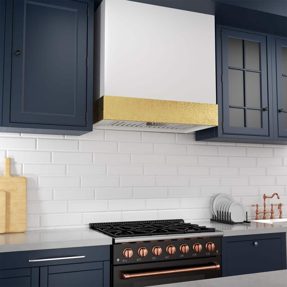 White and Gold Stainless Steel Wall Mounted Range Hood