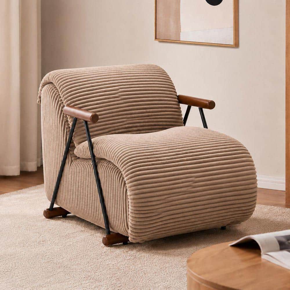Modern Brown Corduroy Metal Frame Accent Arm Chair with Solid Wood Armrests