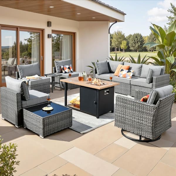 Toject Sanibel Gray 10-Piece Wicker Patio Conversation Sofa Set with a Swivel Chair, a Storage Fire Pit and Dark Gray Cushions