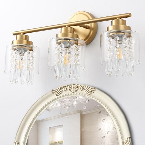 Deyidn 20 in. 3-Light Gold Vanity Light with Crystal Clear Glass Shade
