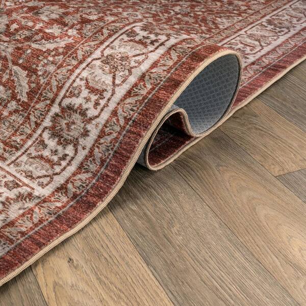 Traditional Allover Terracotta Red Machine Washable Non-Slip Backing 2 ft. x 12 ft. Red Area Rug