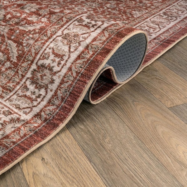 Traditional Allover Terracotta Red Machine Washable Non-Slip Backing 2 ft. x 4 ft. Red