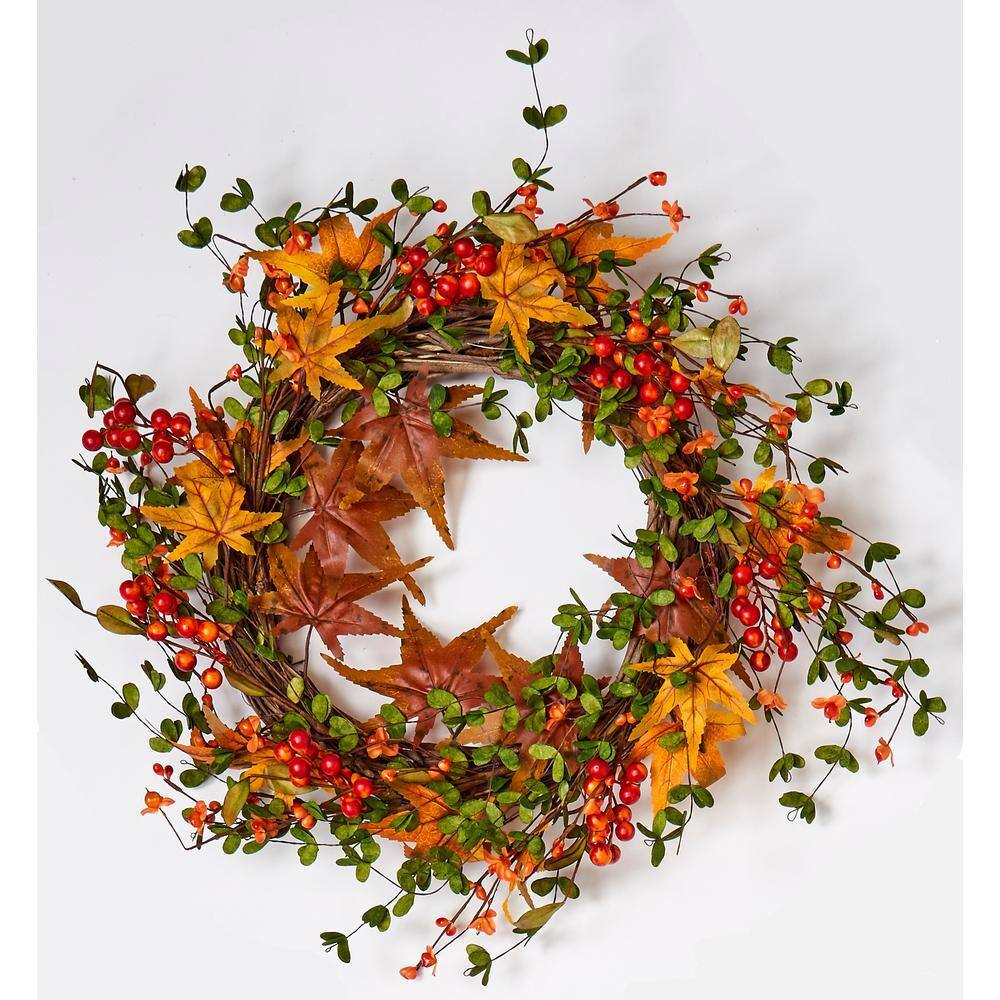 22 in. Artificial Fall Berry and Maple Leaf Wreath on Natural Twig Base ...