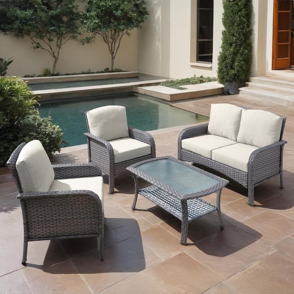 weaxty W Hyacinth Gray 4-Piece Wicker Patio Outdoor Conversation Seating Set with a Coffee Table and Beige Cushions
