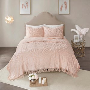 Virginia 3-Piece Blush Cotton Tufted Chenille Medallion Fringe Full/Queen Coverlet Set