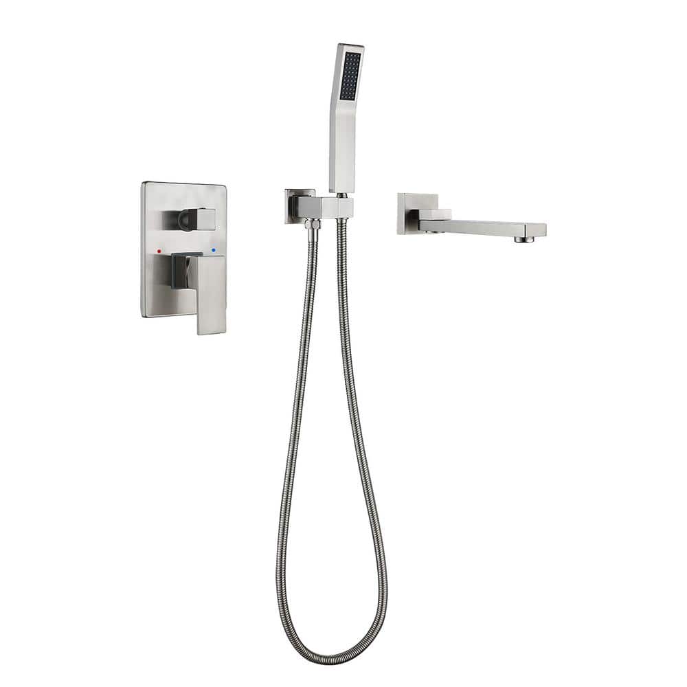 2-Handle Wall Mount Roman Tub Faucet with Hand Shower in Brushed Nickel