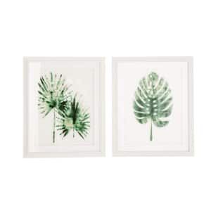 Rectangular White and Green Palm Leaf Wall Decor in White Wood Frames, Set of 2: 18 in. x 21 in. Each