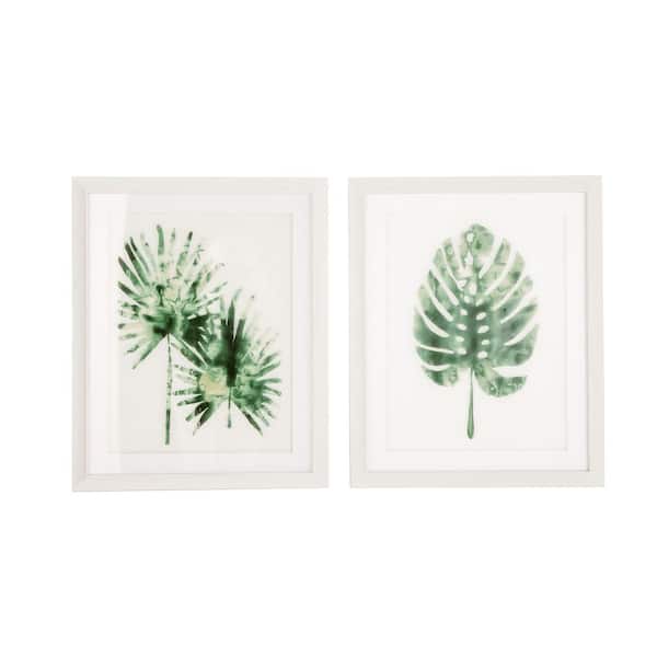 CosmoLiving by Cosmopolitan Rectangular White and Green Palm Leaf Wall Decor in White Wood Frames, Set of 2: 18 in. x 21 in. Each