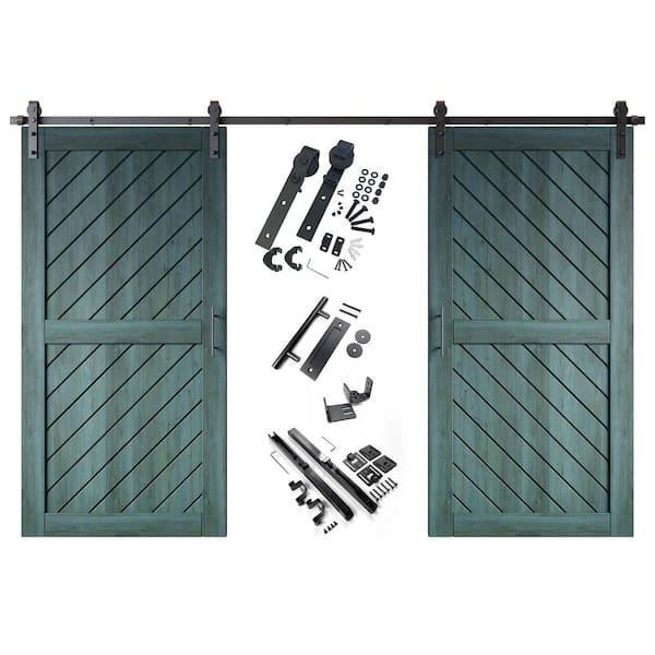 HOMACER XT1 36 in. x 80 in. C-Panel Royal Pine Slanted Stripe Design Double Pine Wood Sliding Barn Door with Hardware Kit