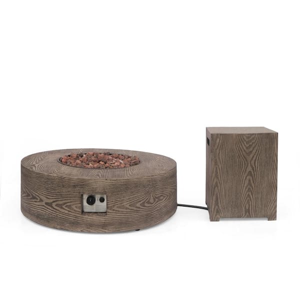 Noble House Midway Metal Brown Wood Pattern Round Outdoor Patio Fire Pit Table with Tank Holder