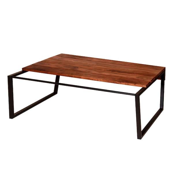 THE URBAN PORT 26 in. L Brown and Black Industrial Wooden Rectangular Coffee Table with Metal Sled Base