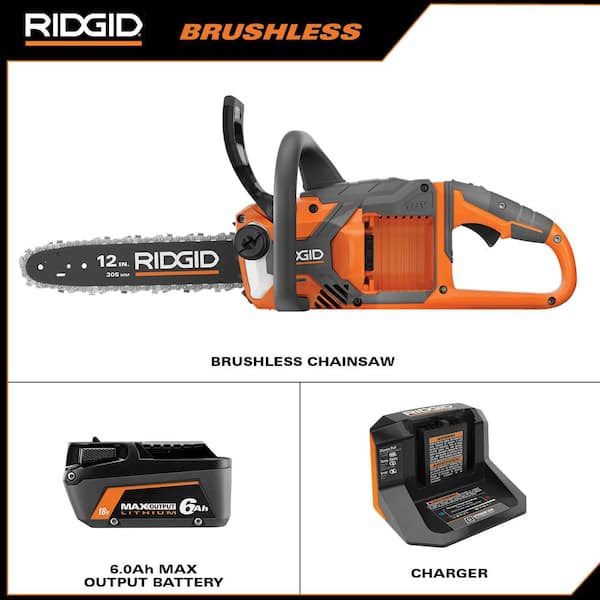 RIDGID R01101K 18V Brushless 12 in. Electric Battery Chainsaw with 6.0 Ah MAX Output Battery and Charger - 2