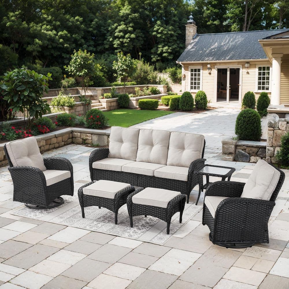 SleekArm 6-Piece Black Wicker Patio Conversation Set with Olefin Beige Cushion/Sofa/Patio Swivel Glider Chairs price history on PriceWatchPro