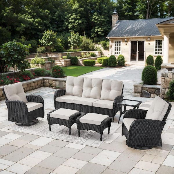 Flatarmrest 6-Piece Black Wicker Patio Conversation Set with Olefin Beige Cushion/Sofa/Patio Swivel Glider Chairs